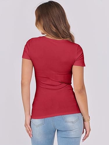 ANRABESS Women Short Sleeve Tops Scoop Neck Ribbed Knit Slim Fitted Basic Tee Shirts 2025 Casual Summer Trendy Clothes - Red - X-Small thumbnail 6