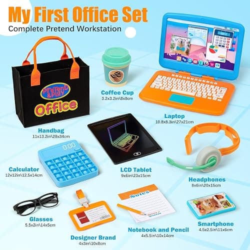 Cleboen Pretend Play Home Office Set for Kids — Toy Laptop Computer, LCD Writing Tablet, Pop Fidget Calculator, Phone, Headset, Glasses, Coffee Cup & Handbag, Birthday Gifts for Boys Girls Age 3-5-7 thumbnail 2