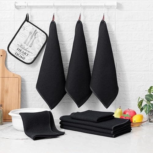 smiry Cotton Kitchen Dish Towels Set– 4 Pack 12x12 Inch & 4 Pack 13x28 Inch Kitchen Towels, 8 Pieces in Total, Ultra Soft Absorbent Quick Drying Dish Cloths Tea Towels, Black thumbnail 7