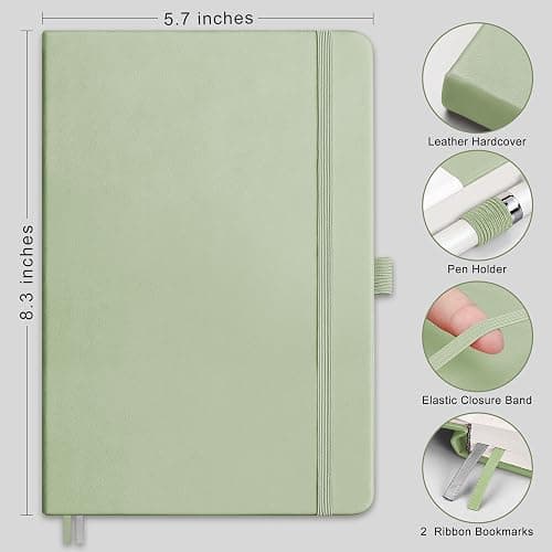 RETTACY Lined Journal Notebook, 192 Numbered Pages, A5 Medium Size (5.7'' x 8.3''), for Men & Women, Journaling, Writing, Work & Office, Leather Hardcover, 100 GSM Thick Paper (Light Green) thumbnail 2