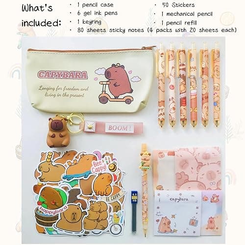Joylio Capybara Stationery Set – Cute stationery set include capybara pencil case, gel ink pens (black ink), mechanical pencil, stickers, sticky notes and keyring for office school kids students thumbnail 6