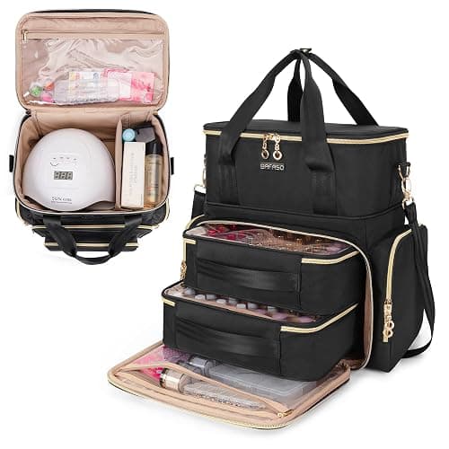 BAFASO Double Layer Nail Polish Organizer Holds 70 Bottles (15ml - 0.5 fl.oz) and a Nail Dryer, Nail Polish Case with 2 Removable Pouches and Tools Storage Sections (Patented), Black - Image 1