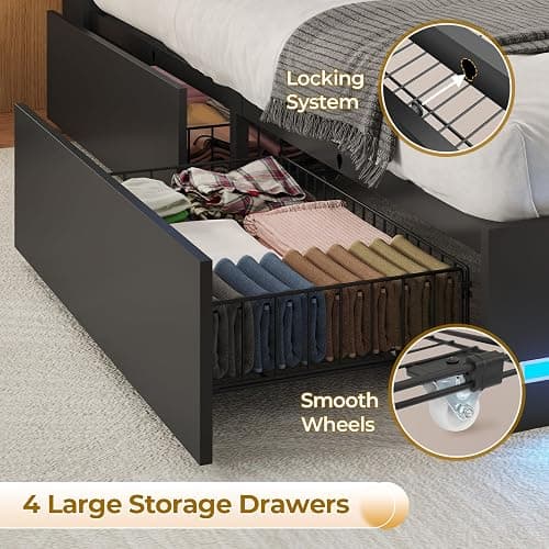 VIAGDO Queen Bed Frame with Bookcase Headboard, Wooden Bed Frame Queen Size with Charging Station, 4 Storage Drawers and LED Lights, with Type-C and USB, No Box Spring Needed, Black thumbnail 6