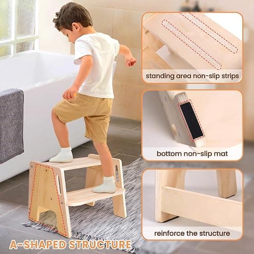 Toddler Step Stool, Wooden Height-Adjustable 2-Step Stool for Kids, Potty Training Stool with Handles for Bathroom Sink, Kitchen, Bedroom thumbnail 3