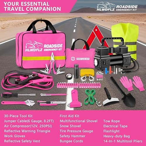 HLWDFLZ Car Emergency Kit with Portable Air Compressor - Roadside Assistance Emergency Kit with Jumper Cables, First Aid Kit, Auto Tool Set, Winter Safety Kit for Women, Men, Teen (Pink) thumbnail 7