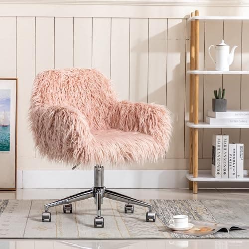 KCC Fluffy Office Desk Chair, Faux Fur Modern Swivel Armchair with Wheels, Soft Comfy Fuzzy Elegant Accent Makeup Vanity Chairs for Women Girls, Home Living Dressing Room Bedroom, Pink thumbnail 8
