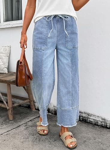 SHEWIN Women's Wide Leg Jeans High Waisted Baggy Jeans Stretchy Drawstring Denim Pants thumbnail 7