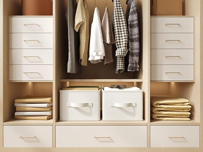 LayerSpace 3 Pack Fabric Storage Bins for Shelves | 14¾" L*10¼" W*8¼" H Closet Storage Bins | Collapsible Closet Organizers for Clothes | Linen Clothes Bins | White & Ivory thumbnail 9