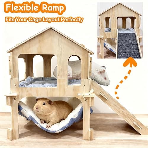 Groß Meerschweinchen Haus mit Rampe Hängematte und Bett, Zweistöckiges zerlegbares Häuschen für Meerschweinchen Kaninchen Hamster Chinchillas thumbnail 5