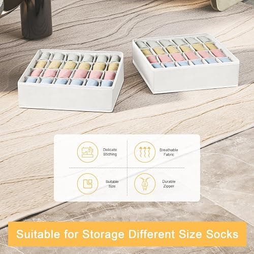 DIMJ Sock Organizer - Drawer Organiser & Closet Organiser - 2 Pack - 48 Cells - Collapsible Storage, Holders for Socks, Ties, Belts (White) thumbnail 6
