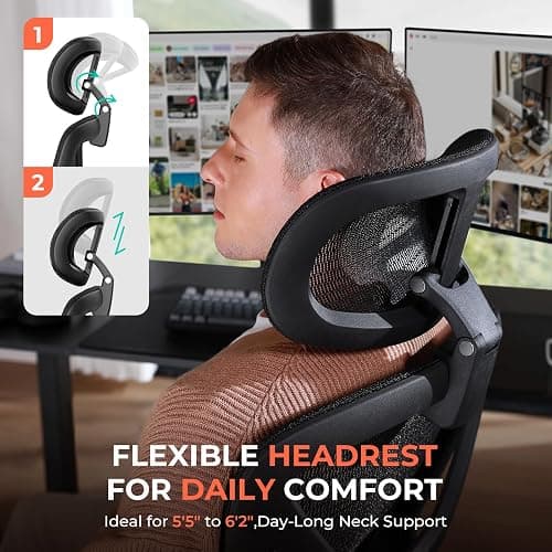 CAPOT Ergonomic Mesh Office Chair, Adjustable Lumbar High Back Desk Chair 400lbs, 4D Flip-up Arms, 3-Level Tilt Backrest, 3D Headrest, PU Wheels, Swivel Rolling Computer Seating for Long Desk Work thumbnail 5