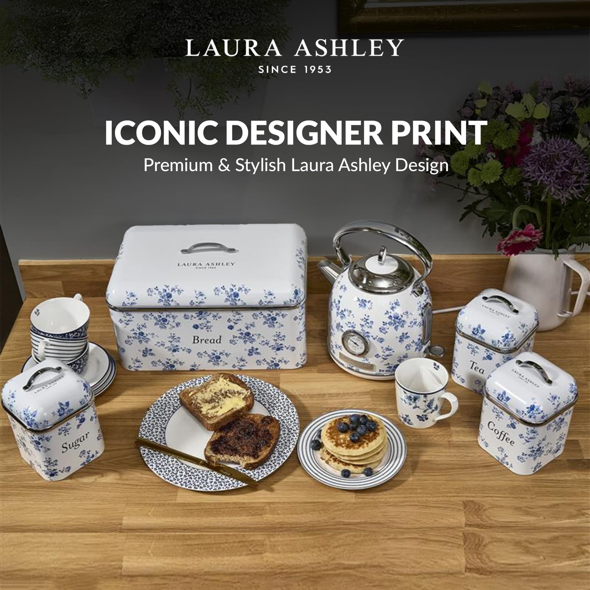 Laura Ashley Bread Storage Box with Lid by VQ - Large Bread Bin for Kitchen with Removable Lid - Easy to Clean Stainless Steel Bread Box with Hand-Applied Designer Print - China Rose thumbnail 2