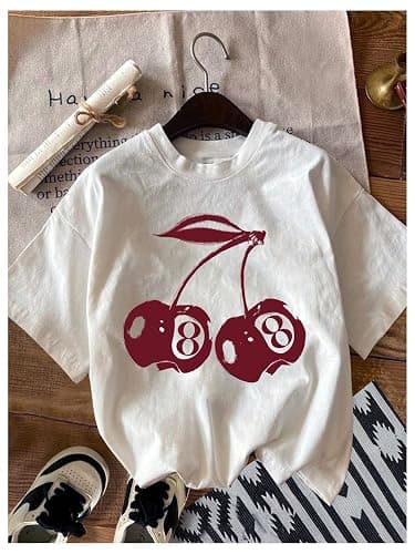 RoseSeek Women's Graphic Letter Tee Crew Neck Drop Shoulder Trendy Summer T Shirt Short Sleeve Vintage Car Print Top thumbnail 3