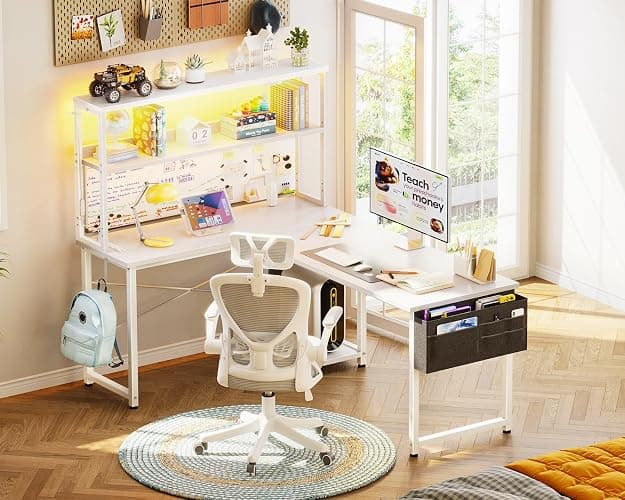 AODK L Shaped Desk Gaming Desk with LED Light & Power Outlet, 53 Inch Reversible L Shaped Computer Table with Shelf, Corner Desk with Storage Bag&Hook for Home Office Desk, White thumbnail 8