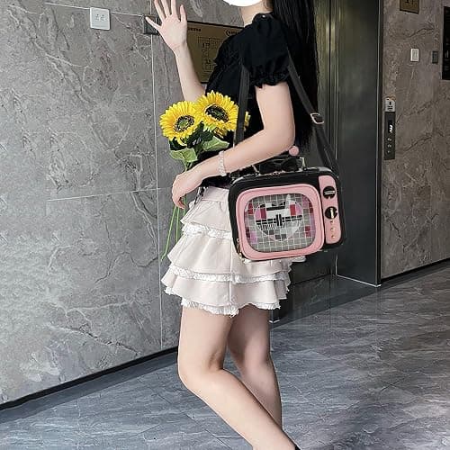 fancybag Novelty Women TV Shape Ita Bag Retro Television Shoulder Bag Design Ita Backpack with Screen Inserts Unique Clear Windows Anime Display Crossbody Bag for Pins Display thumbnail 9