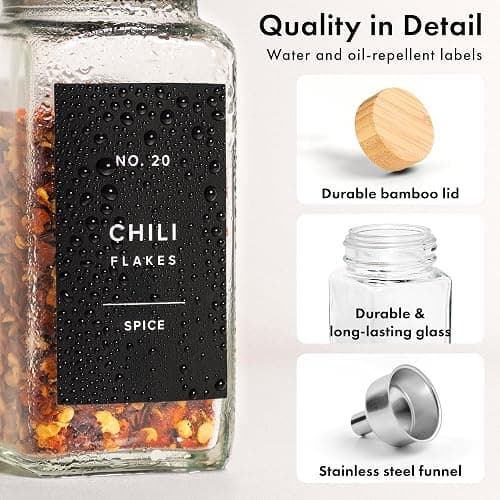 EDELHAUS® Square Spice Jars with Bamboo Wooden Lid (Pack of 24) Spice Jars with Shaker Insert and 240 Labels - Bamboo Lid Glass Container for Spice Organisation [4.3 in × 1.8 in] thumbnail 9