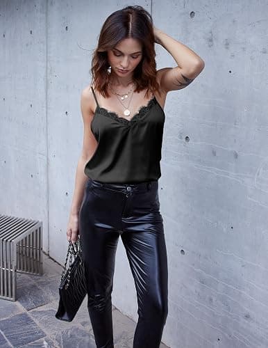 Ekouaer Women's Satin Camisole Lace Silk Satin Pajama Tank Tops V Neck Soft Spaghetti Strap Loose Sleepwear thumbnail 4