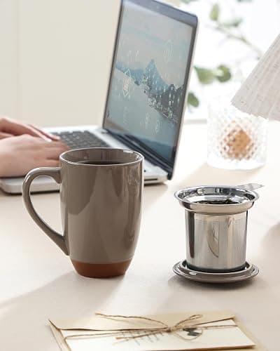MALACASA Ceramic Tea Mug with Lid and Stainless Steel Infuser, 18 oz Large Tea Cup for Loose Leaf Tea, Heat-Resistant, Microwave & Dishwasher Safe, Speckled Glaze Coffee & Tea Brewer Mug, Khaki Brown thumbnail 6