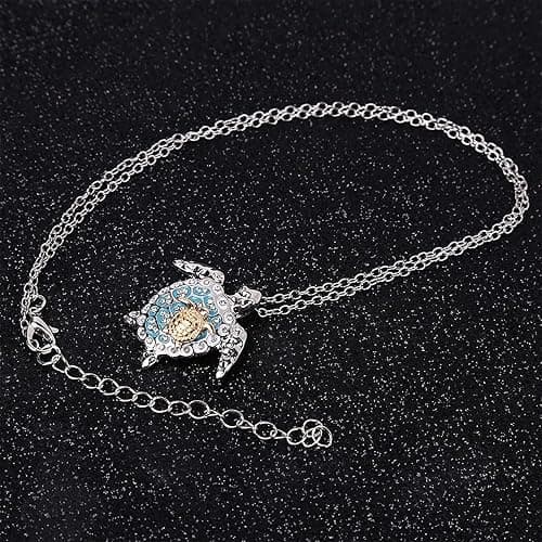 U-M Silver Created Blue Opal Sea Turtle Pendant Necklace, Birthstone Turtle Necklace Jewelry for Women (Blue) Attractive Processed thumbnail 3