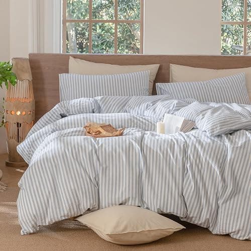MooMee Striped Duvet Cover Set 100% Washed Cotton Linen Like Textured Breathable Durable Soft Comfy (Cornflower Blue White Classic Stripes, Twin 68"x90") thumbnail 6