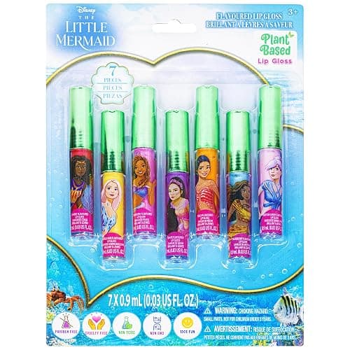 Disney The Little Mermaid 7 Piece Vegan Plant Based Party Favor Lip Gloss Makeup Set for Girls Kids Toddlers, Toys Gift for 3 4 5 6 7 8 9 10 11 12 Years Old Kid - Image 1