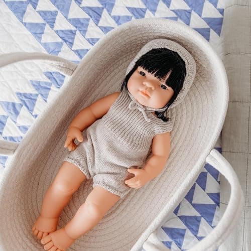 Miniland Dolls: Knitted Doll outfit 38cm - Romper & Bonnet, made of recycled materials, for 38cm Baby doll. Model: Romper & Bonnet in beige. thumbnail 4