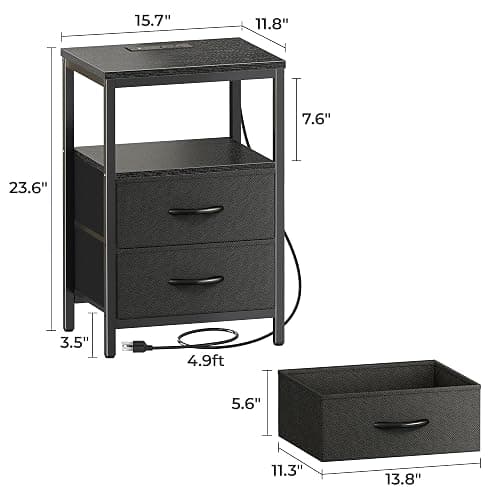 Huuger Nightstand with Charging Station, Side Table with 2 Fabric Drawers, End Table with Open Shelf, Bedside Table with USB-C Port and Outlets, Night Stand for Bedroom, Black thumbnail 3
