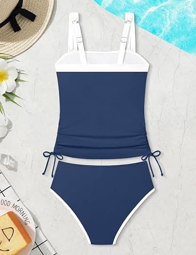 Queenstyle Teen Girls Tankini Swimsuit 2 Piece Bathing Suit Color-Block Drawstring Girls' Swimwear for 9-16 Years thumbnail 6