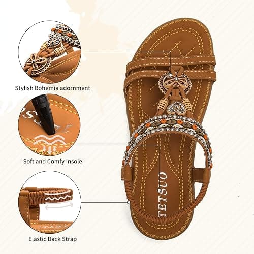 TETSUO Women Sandals Walking Flats Summer Beach Sandals Arch Support Casual Dressy Shoes for Women Elastic Ankle Strap Jeweled Bohemian Shoes thumbnail 4