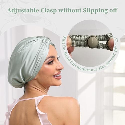 Adjustable Silk Satin Bonnet for Sleeping Hair Wrap, Double Layer Sleep Cap, Night Turban for Large Long Curly Braid Women Men Hair - Matcha Green thumbnail 2