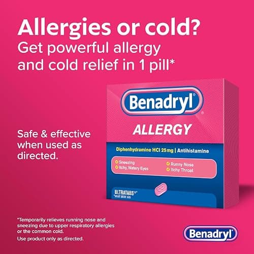 Benadryl Ultratabs Allergy Medicine, 25 mg Diphenhydramine HCl Antihistamine Tablets For Cold & Allergy Relief of Symptoms Like Sneezing, Runny Nose, Itchy Eyes & Throat, Hay Fever, 100 Count Tablets thumbnail 3