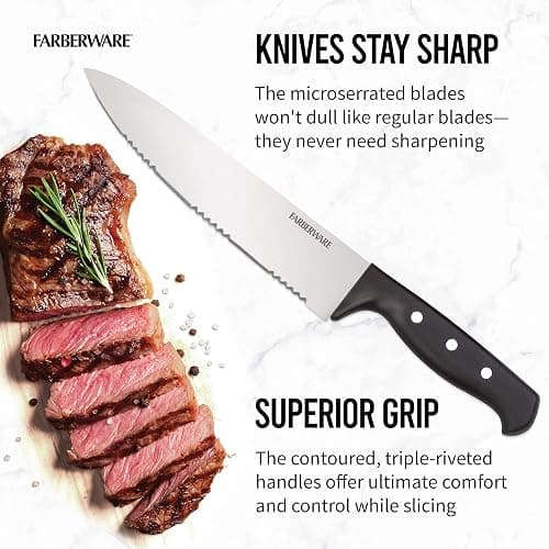 Farberware Knife Block Set 22-Piece Kitchen Knife Set with High-Carbon Stainless Steel Blades, Non-Slip Handles, Chef Knife, Santoku, Steak Knives, Scissors, Sharpening Steel, and Storage Block thumbnail 5