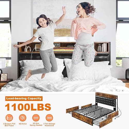 EnHomee Full Bed Frame with 4 Storage Drawers and Headboard Upholstered Bed Frame Full Size with Charging Station, No Noise, Metal Support, No Box Spring Needed,Vintage Brown thumbnail 7