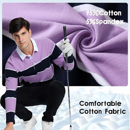 Men's Polo Shirts Long Sleeve Striped Dry Fit Casual Collared Pique Golf Polo Shirts for Mens thumbnail 3