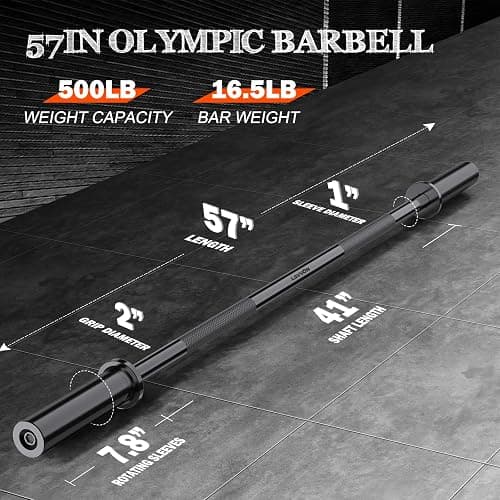 57" Olympic Barbell Bar, 2" Standard Straight Barbell Bars for Weight Lifting Bar for Bench Press/Squats/Hip Thrusts/Lunges/Biceps- Home Gym Weight Bar- 2 Spring Collars(500lb Weight Capacity) thumbnail 3