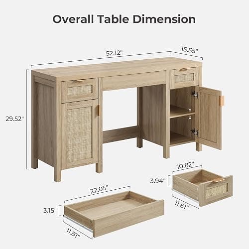 SICOTAS Rattan Vanity Home Office Desk - 52" Large Farmhouse Boho Makeup Vanity Dressing Table with 3 Drawers & 2 Storage Cabinets, Vanities Desk for Makeup Room, Bedroom, Home Office, Light Oak - Reclaimed Light Oak - 1 Piece thumbnail 2