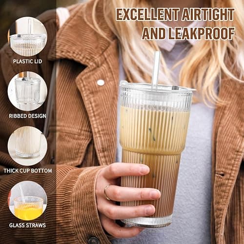CWHHRN 20 oz Glass Cup with Lid and Straw, Glass Tumbler with Straw and Lid, Vintage Glassware for Whiskey Cocktail Beer, Iced Coffee Cups with Lid (1 PACK) thumbnail 4