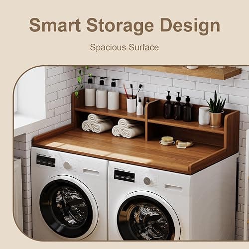 ChooChoo 2-Tier Washer Dryer Countertop with Adjustable Shelf, Spacious Laundry Room Storage for Folding Clothes and Efficient Organization, Walnut thumbnail 4