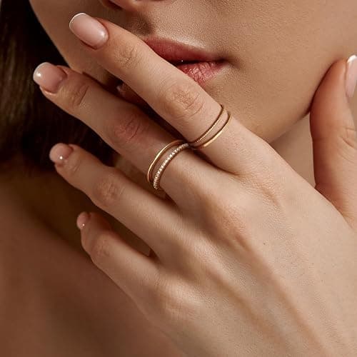 MILACOLATO 14K Gold Plated 1.3mm Thin Stackable Rings for Women - Minimalist Non Tarnish Half Cubic Zirconia Band Rings - Dainty Trendy Statement Stacking Rings Set Size 5-10 thumbnail 3
