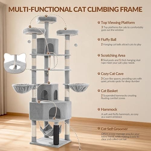 Fobyfurny Arbre à Chat XXL, 220 cm, avec Grande Grotte, Gris Clair | 3 Perchoirs, 8 Griffoirs, Hamac, Panier, Poteau de Toilettage, Corde Épaisse en Sisal Usage Intérieur FPMS011FG1 thumbnail 2