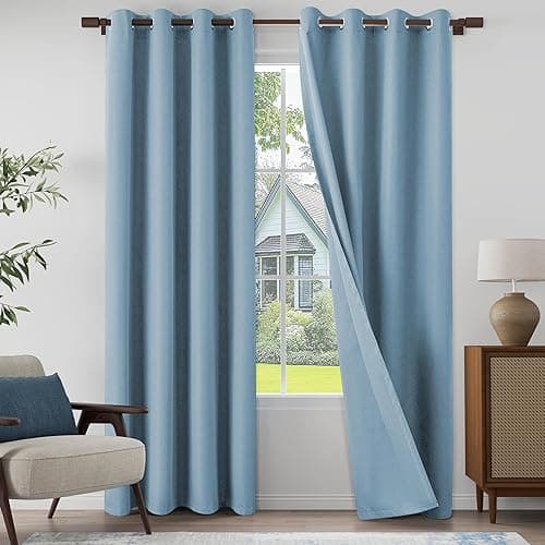 100% Blackout Linen Textured Curtains for Living Room, Bedroom, Light Weight Curtains with Grommets Top, Full Blackout Curtains Privacy Protection, Light Blue, 52" W x 95" L, 2 Panels