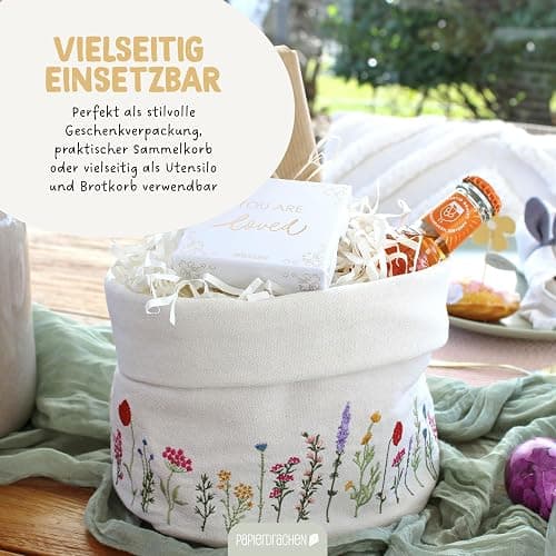Papierdrachen Brotkorb "Frühlingswiese" - charmante Tischdekoration - mit hochwertiger Blumenbestickung in Wiesenoptik thumbnail 5