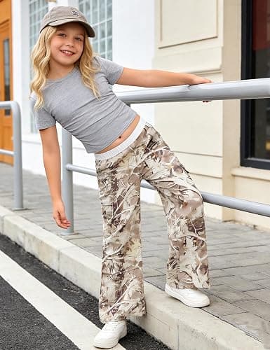 Qetobolly Girls Clothes 2PC Summer Outfits Pleated Short Sleeve Top and Camo Wide Leg Pants Set Kids Clothes Girls 6-16 Year thumbnail 2