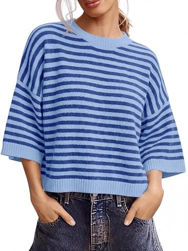 Saodimallsu Womens Short Sleeve Sweater Summer Striped Oversized Sweaters Casual Crewneck Lightweight Knit Tops - Image 1