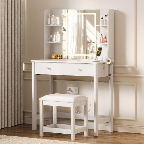 ProsperHaven Vanity Desk with Mirror and LED Lights, Small Makeup Vanity Table Set with Drawers and Chair, Dressing Table with Power Outlet for Girls Bedroom, White thumbnail 5