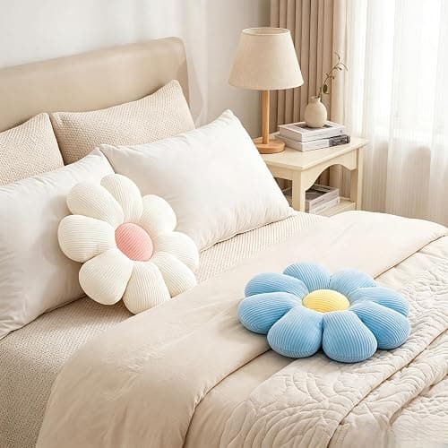 2 Pcs Blue White Flower Pillow Daisy Decorative Throw Pillows for Bed Couch | 15.35 Inch, Daisy Shaped, Fluffy and Soft, Cute Pillows for Girls Teens Women, Aesthetic Decor for Bed Sofa Bedroom Classroom thumbnail 4