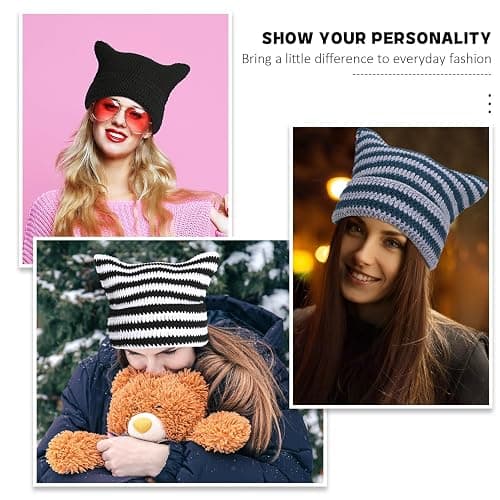 Women Beanie Warm Winter Hats, Soft Knit Lazy Beanie for Women, Women Cat Beanie，Women Fox hat, Slouchy Beanies for Women thumbnail 6