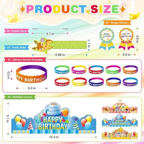 LACCHOUFEE 120 Pieces Happy Birthday Kits for Kids Classroom - Include Adjustable Happy Birthday Hats, Colored Silicone Stretches, Badge Stickers and Pencils, School Kindergarten Party Supplies thumbnail 6