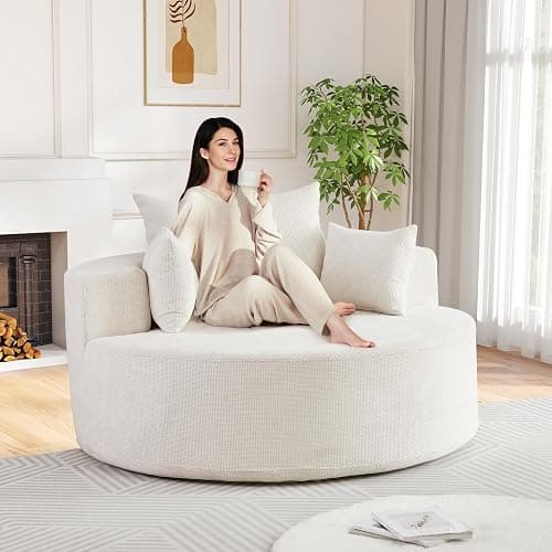 Antetek Oversized Round Chaise Longue Chair Indoor, Modern 55-inch Upholstered Waffle Chenille Deep Seat Circle Single Cloud Lounge Floor Sofa Chair for Living Room, Bedroom Apartment, Beige - Image 1