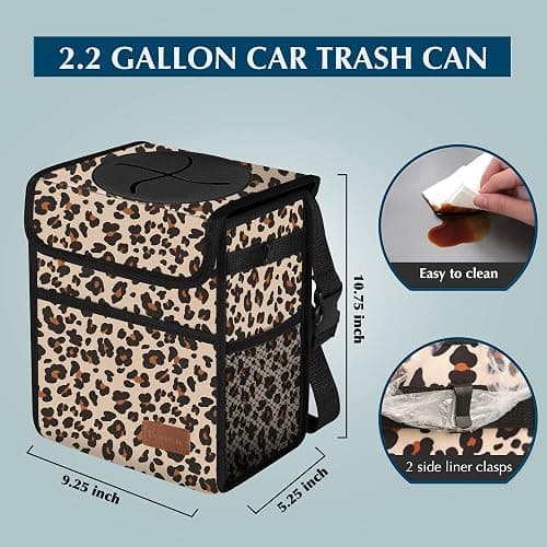 Car Trash Can with Lid Leak Proof Garbage Waterproof Bag for SUV Front Seat Multipurpose Hanging Headrest Collapsible and Portable Storage Mesh Pocket, Leopard Print thumbnail 2